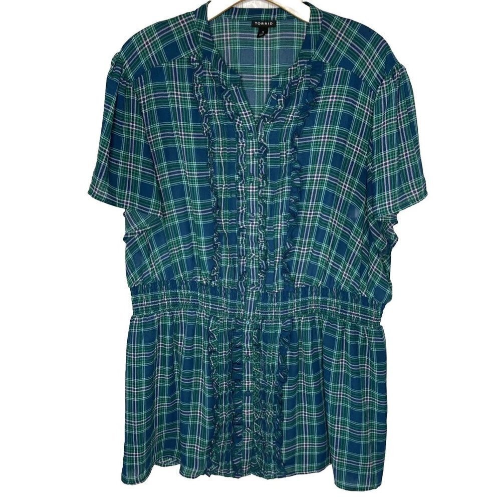 Torrid Top 3/3X Blue Green Plaid Ruffled Peplum Covered Button Up Blouse Holiday